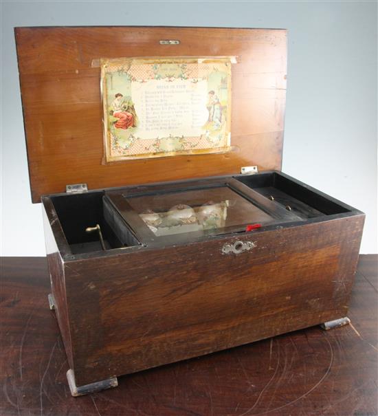 A 19th century Swiss rectangular music box, overall 19in.